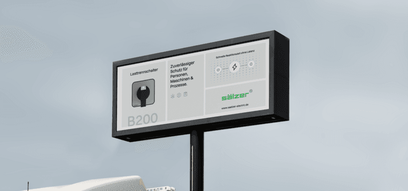 Eine digitale Werbetafel mit Informationen zu Schaltern im neuen Sälzer Design