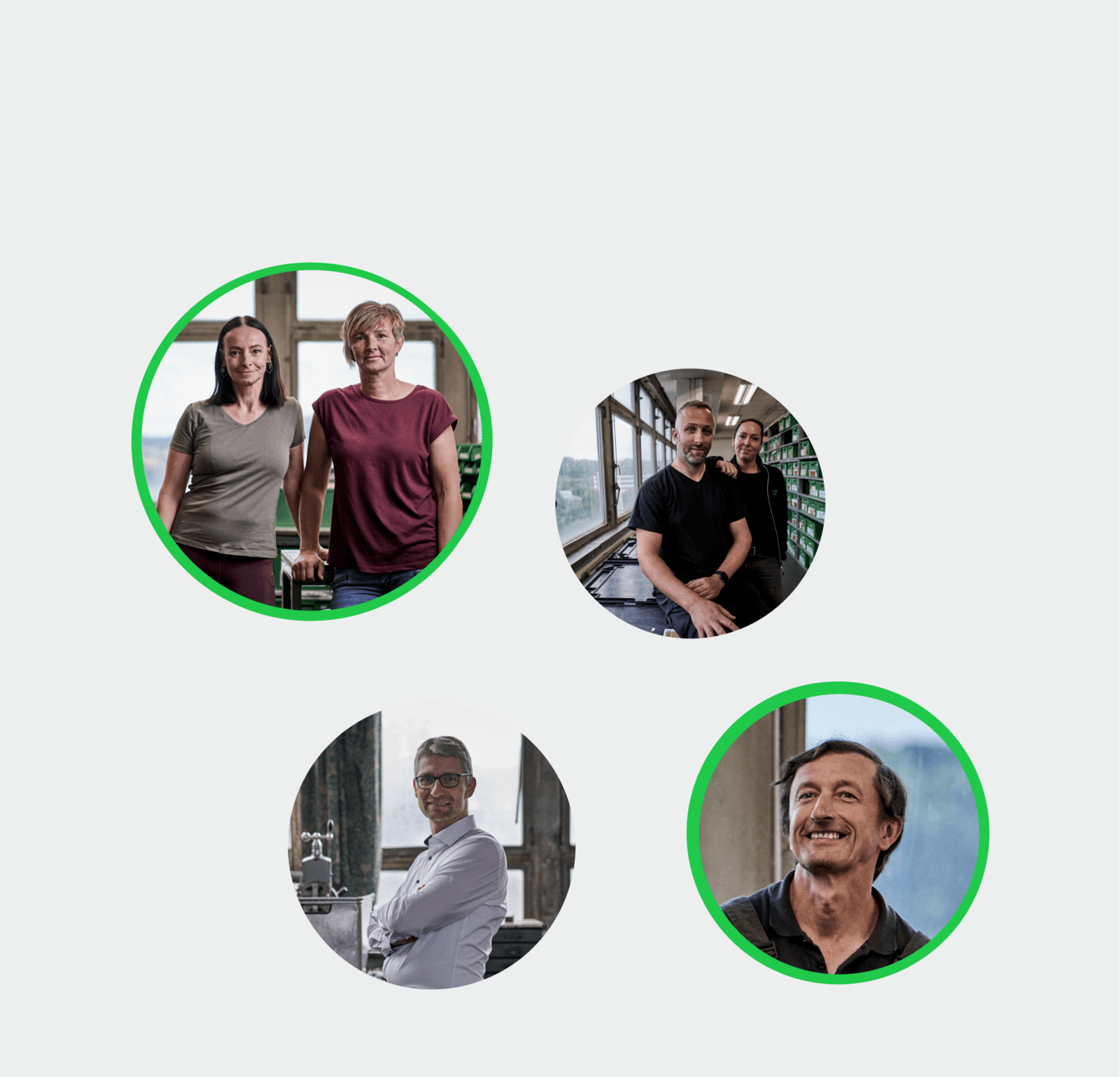 Verschiedene, zufriedene Mitarbeiter, visualisiert in Kreisen. 